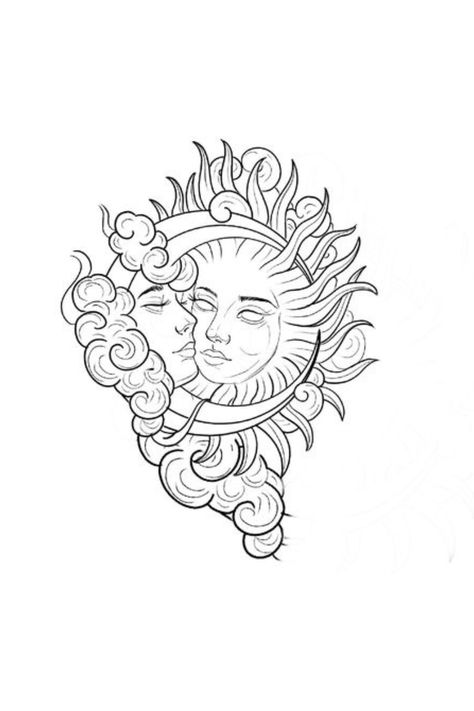 Sun And Moon Together Tattoo, Sun Moon Sketch, Sun And Moon Stencil, The Sun And Moon Tattoo, Sun Tattoo Stencil, Sun And Moon Tattoo Stencil, Sun Moon Tattoo Design, Sun And Moon Coloring Pages, Sun And Moon Tattoo Design