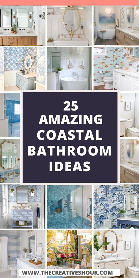 25 Serene And Beautiful Coastal Bathroom Ideas You Will Love Small Nautical Bathroom Ideas, Navy Beach Bathroom, Small Beach Themed Bathroom, Bathroom Remodel Lake House, Beach Bathroom Remodel, Navy And White Bathroom Ideas, Coastal Bathroom Ideas Hampton Style, Blue And Brown Bathroom Ideas, 2 Piece Bathroom Ideas