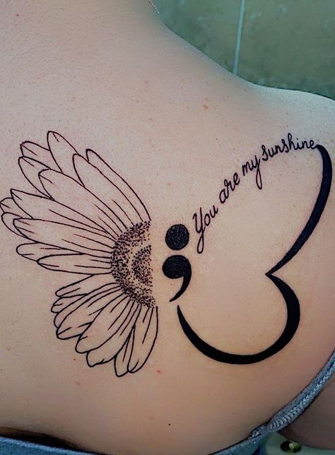 Mother Daughter Tattoos Medium Size, Butterfly Quote Tattoos For Women, Watercolor Butterfly Semicolon Tattoo, Strength Drawing Inspiration, Sunflower With Semicolon Tattoo, Semicolon Tattoos For Women, Wrist Tattoos For Women Semicolon, Cute Small Fine Line Tattoos, Meaningful Tattoos For Lost Loved Ones Butterfly