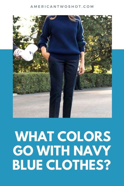 What Colors Go With Navy Blue Clothes? Navy Blue Khaki Pants Outfit Women, Navy Blouse Black Pants Outfit, Blue Pants Outfits For Women, How To Wear Navy Blue, Navy Fall Outfits For Women, How To Style Navy Pants Women, Navy Blue Wide Leg Pants Outfit Work, Color Matching Navy Blue, Navy Blue Pixie Pants Outfits