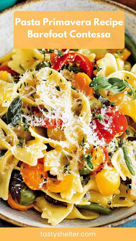 Pasta Primavera Recipe Barefoot Contessa Giada Pasta Primavera, Pasta Primavera Recipes Healthy, Pasta Primavera With Chicken, Pasta Primavera Sauce, Pasta Primavera Recipes, One Pot Pasta Primavera, Giada Pasta, Primavera Pasta, Creamy Pasta Primavera