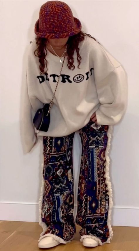 #cozy #streetwearaesthetic #buckethat #cute #styleinspo #soft #fringepants #black #red Link in pin! (Amazon) Link in bio for full outfit! Tapestry Pants, Cozy Streetwear, Earthy Outfits, Teenage Fashion, Streetwear Fashion Women, Tomboy Fashion, Mode Inspo, Womens Casual, Cute Simple Outfits