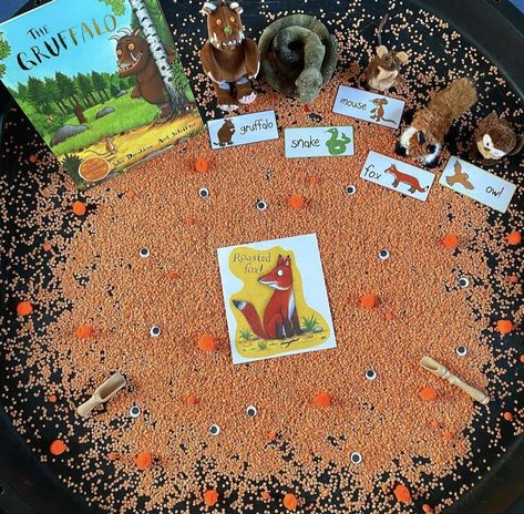 Roasted Fox Gruffalo, Gruffalo Sensory Activities, Gruffalo Activities Eyfs Craft, Gruffalo Crafts For Toddlers, The Gruffalo Tuff Tray, Gruffalo Messy Play, Gruffalo Party Games, Gruffalo Sensory Play, Gruffalo Tuff Tray Ideas