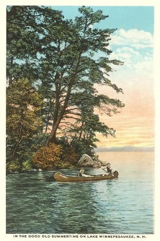 size: 18x12in Art Print: Canoing on Lake Winnipesaukee, New Hampshire : The Lake House, Lake Winnipesaukee, Transportation Poster, Iconic Wallpaper, Lake Art, Autumn Scenes, Nature Posters, National Park Posters, Summer Home