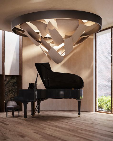 CONCERT HALL | Behind the peerless @steinwayandsons Spirio piano is a curved wall which reflects its rich sound outwards into the room. A bespoke designed sound-dispersing chandelier made from steam bent veneer hangs above. Its abstract curving leaf design is inspired by concert hall design of international quality. Powered by Alden Studios Piano Interior Design, Concert Hall Design, Piano Room Design, Victorian Terraced House, Corporate Interior Design, Curved Wall, Brutalist Design, Piano Room, Modern Exterior House Designs