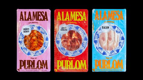 PURLOM - ¡A LA MESA! on Behance Nut Branding, Spanish Graphic Design, Deli Packaging, Spanish Meat, Meat Design, Meat Packaging, Creative Block, Its Nice That, Photography Packaging