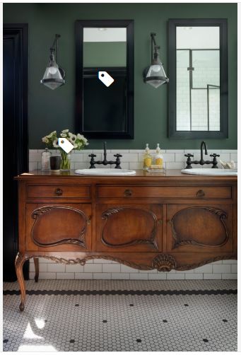 Benjamin Moore Dakota Shadow Recessed Medicine Cabinet, Antique Buffet, Bad Inspiration, Green Walls, Upstairs Bathrooms, Bad Design, Green Interiors, Green Bathroom, Bathroom Renos