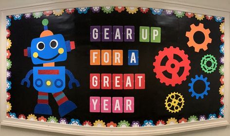 Letters inside gear circles Stem Door Decorations, Robotics Bulletin Board Ideas, Robot Theme Classroom, Stem Bulletin Boards Elementary, Stem Mural Ideas, Robot Bulletin Board, Technology Bulletin Board Ideas, Robotics Room School, Robot Bulletin Board Ideas