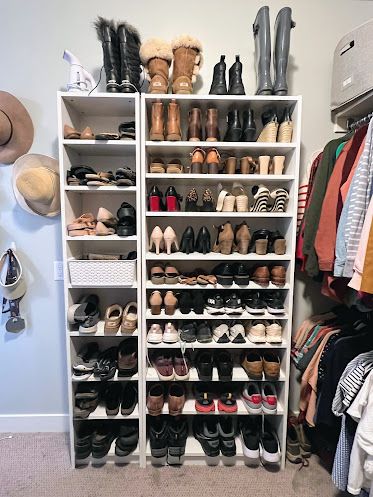 Ikea Shoe Storage Book Shelves, Ikea Closet Hack Billy Bookcases Shoe Storage, Ikea Stall Shoe Cabinet Hack Closet, Elfa Shoe Rack, Ikea Mackapar Shoe Rack, Outside Paint Colors, Shoe Solutions, Shoe Storage Hacks, Christmas Cleaning