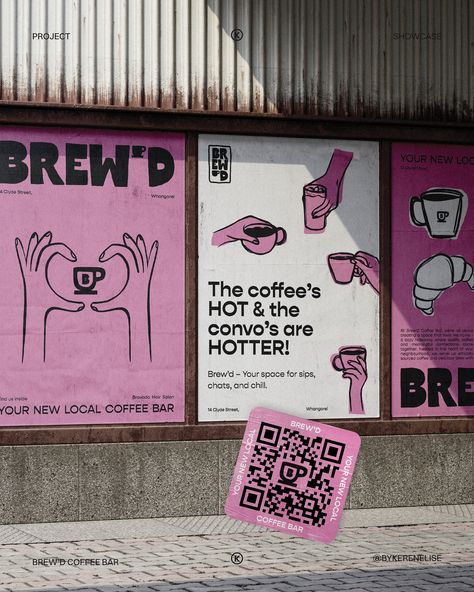 A closer look at the Brand Identity for @brewd_coffeebar 🩷☕️🩷 If you missed it - Brew’s coffee bar is all about offering an intimate escape for coffee lovers who value sustainability and connection. Serving ethically sourced coffee by @flightcoffee - in their cozy welcoming space. They’re creating a feel good experience that’s community focused and authentic. Find them inside the new @bravado_hairsalon soon 🩷 Whangārei you need to keep your eyes peeled for this one! . . . Mockups by @bendi... Coffee Brand Poster, Coffee Graphic Design Poster, Coffee Brand Identity, Coffee Shop Graphic Design, Cafe Branding Identity, Coffee Design Ideas, Cozy Branding, Coffee Branding Design, Coffee Ads