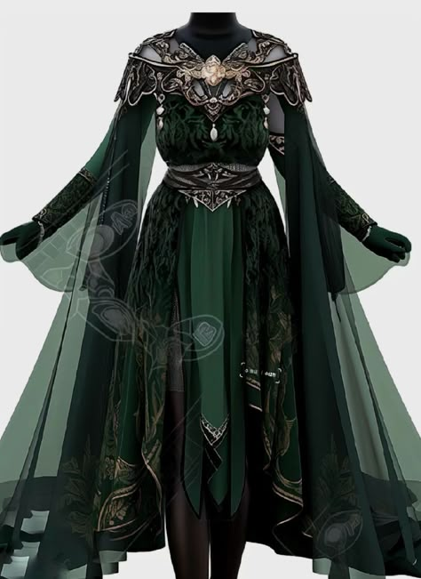 Black And Green Fantasy Dress, Green Medieval Dress Aesthetic, Green Villain Outfit, Fantasy Warrior Dress, Elven Outfits Female, Green Warrior Outfit, Fantasy Sorceress Outfit, Fantasy Witch Dress, Green Fantasy Outfit