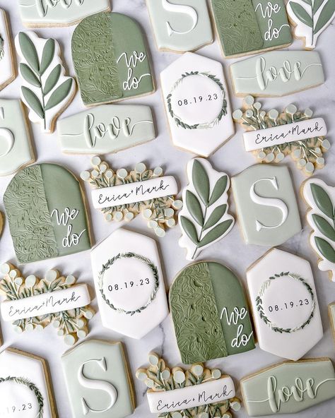 Lynn | Wedding cookies for my little cousin! While I couldn’t be there in person, I loved being able to create these for her and her husband to… | Instagram Wedding Shower Cookies, Green Bridal Showers, Engagement Cookies, Twilight Wedding, Nature Themed Wedding, Bridal Cookies, Terracotta And Green, Tan Wedding, Bridal Shower Cookies