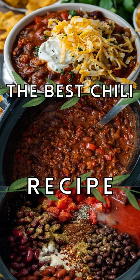 This super easy crockpot chili is THE BEST Chili Recipe! It's filled with ground beef, three types of beans and the perfect blend of chili spices. Family Chili Recipe, Thick Beef Chili Recipe, Easy Yummy Chili Recipe, Chili Best Ever, Best Chili Recipe With Cocoa Powder, Dried Bean Chili Crockpot, New York Times Chili Recipe, Old Fashion Chilli Recipe, Hardy Chilli Recipe