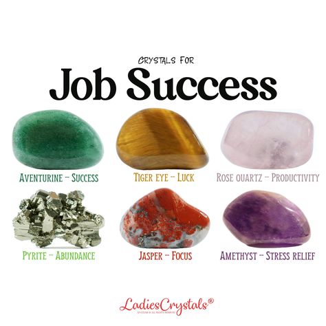 This is a job success crystal set of 6 crystals. Aventurine, tiger eye, rose quartz, pyrite, jasper and amethyst.  This job success set includes: ☆ 6 crystals are listed above with sizes 2 - 2,5 cm. ☆ Information glossy card with the properties of crystals. ☆ Velvet bag for your stones. ☆ Gift card (optional). ☆ Everything is packed in a small elegant box with a ribbon ready to be given as a gift. ☆ CRYSTALS PROPERTIES ☆ Aventurine - Success  Tiger eye - Luck Rose quartz - Productivity  Pyrite - Jasper And Amethyst, Job Success, Crystal Healing Chart, Crystals Healing Properties, Spiritual Crystals, Crystals Healing, Crystals Stones, Witchy Things, Crystal Healing Stones