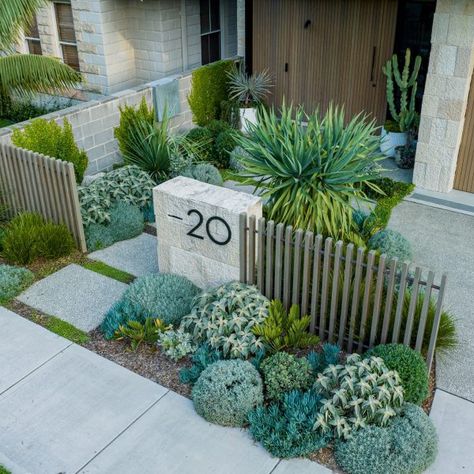 Project Bronte | Stone Lotus Front Yard Fence Landscaping Ideas, Native Australian Front Garden, Large Planter Box Flower Ideas, White Stone Landscaping Ideas, Succulent Landscape Design Front Yards, Rock Garden Front Yard, Front Of House Landscape Ideas Entrance, Stone House Facade, Coastal Front Garden Australia