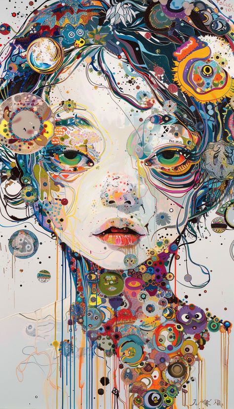 Painting of a Woman by Takashi Murakami Takeshi Murakami Art, Woman Facing Forward, Murakami Painting, Bridge Art Paintings, Takeshi Murakami, Murakami Art, Takashi Murakami Art, Art Blending, Contemporary Pop Art