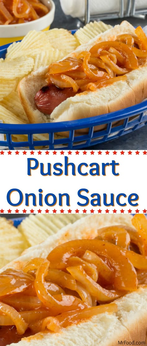 Pushcart Onion Sauce is an easy version of the traditional topping that's served up at New York City hot dog stands. Take your taste buds to the Big Apple with the very first bite! We love our Pushcart Onion Sauce recipe because it's that all-American hot dog cart flavor from the comfort of home. You'll love it too, especially when it upgrades any cookout menu in a matter of seconds! Onions For Hotdogs, New York Onions For Hot Dogs, New York Hot Dog Onion Sauce, Hot Dog Toppings Recipes, Hot Dog Cart Ideas, Hot Dog Stand Ideas, Hot Dog Toppings Ideas, Hot Dog Onions Recipe, Hot Dog Onions