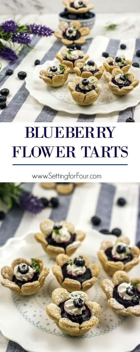 These delicious blueberry flower tarts are fun to make and serve! Satisfy your sweet tooth with this mini fruit filled dessert with a flower shaped crust- perfect for brunch, baby showers, wedding showers and dinner parties! #food #recipe #dessert #tarts #blueberry #brunch Brunch Baby Showers, Flower Tarts, Blueberry Tart Recipe, Blueberry Flower, Easy Recipe For Kids, Blueberry Tarts, Dessert Tarts, Blueberry Desserts Recipes, Blueberry Tart