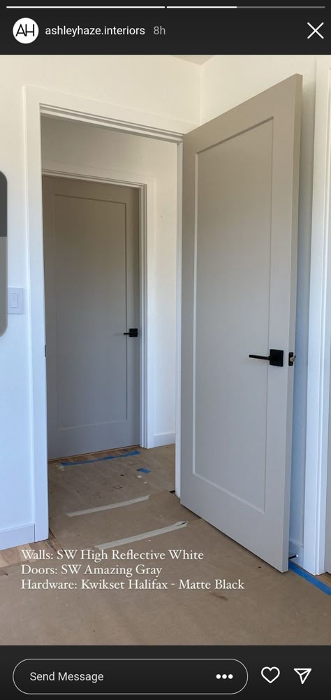 White Walls With Grey Doors, Interior Doors Remodel, Taupe Interior Doors White Trim, Grey Indoor Doors Interior Design, Beige Closet Door, Grey Interior Doors And Trim, Closet Doors Color Ideas, Gray Hallway Doors, Grey Door White Trim