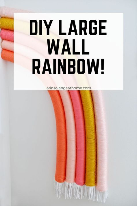 Check out this tutorial for a DIY Large wall rainbow art! This creates a beautiful aesthetic in a bedroom or nursery. Step by step instructions for how to create this large wall art on a budget using pool noodles and yarn! Rainbow Diy Decor Wall Art, Rainbow Wall Art Diy, Pool Noodle Rainbow, Diy Rainbow Decorations, Autumn Bed, Wall Art On A Budget, Wall Rainbow, Pond House, Groovy Birthday