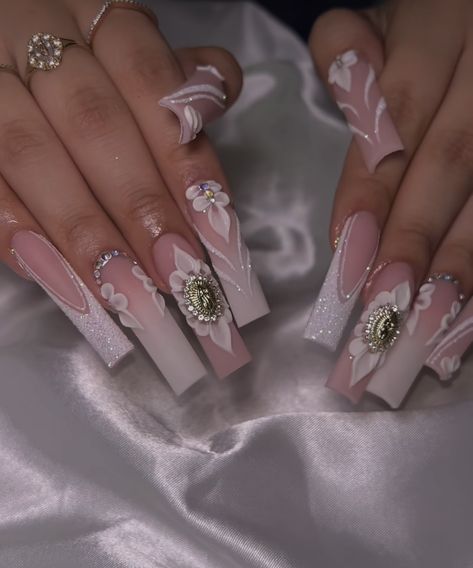 Nail Inspo Acrylic White, Latin Nail Designs, Long Acrylic Nails Designs Ideas Baddie, Winter Nail Acrylic, Dope Nail Designs Mid Length, White Baddie Nails, Catholic Nails, Prom Nails Acrylic Classy, Pink Bling Nails