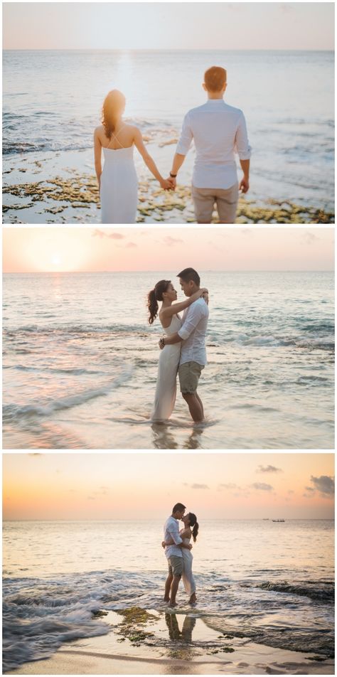 Bali sunset pre-wedding photoshoot at Tegal Wangi Beach during sunset Outdoor Beach Photoshoot, Beach Pose Pre Wedding, Beach Outfit Pre Wedding, Pre Wedding Photoshoot Ideas Outdoor, Pre Wedding Photoshoot Sunset, Beach Photoshoot Prewedding, Pre Wedding Shoot On Beach, Beach Pre Nup Shoot, Pre Nup Photoshoot Photo Ideas