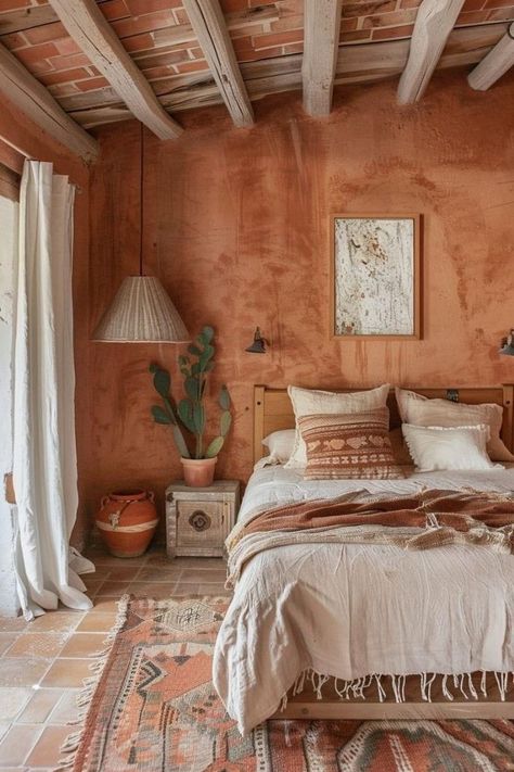 Terra Cotta Bedroom, Bedroom Terracotta, Bamboo Bed Frame, Earthy Bedroom Ideas, Soothing Bedroom, Different Interior Design Styles, Moroccan Bedroom, Earthy Bedroom, Boho Chique