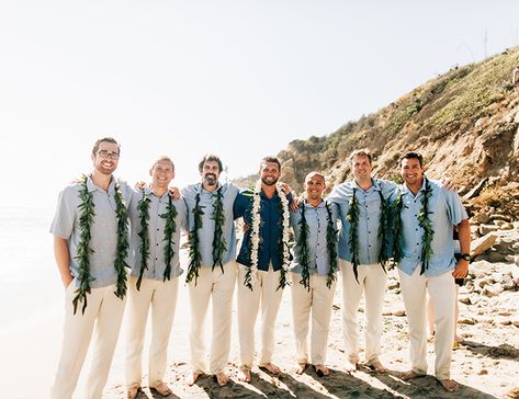 Aqua Blue Waterfront Wedding in Malibu - Inspired By This Hawaiian Wedding Attire, Beach Wedding Mens Attire Grooms Casual, Tropical Wedding Party Attire, Hawaii Beach Wedding Groom Attire, Groomsmen Attire Hawaii, Tropical Groomsmen Attire, Hawaiian Wedding Groom Attire, Hawaiian Shirt Groomsmen, Hawaiian Wedding Groomsmen