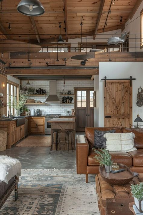 Versatile Barn Spaces Barndominium Rustic Interior, Barndominium Room Ideas, Barndominium Indoor Ideas, Kitchen Living Area Open Plan Layout, Barndominium Ideas Loft, Small Shop House Interior, Small Barndominium Ideas Interiors Farmhouse, Barnodium Homes Interior, Tiny Cabin Ideas