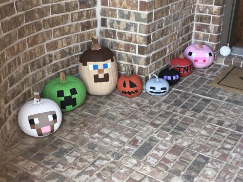 Minecraft Painted Pumpkins Minecraft Pumpkin Decorating, Video Game Pumpkin Painting, Pumpkin Painting Ideas Minecraft, Minecraft Painted Pumpkins, Zelda Pumpkin Painting, Roblox Pumpkin Painting, Monster Truck Pumpkin Painting, Pumpkin Carving Minecraft, Minecraft Pumpkin Painting