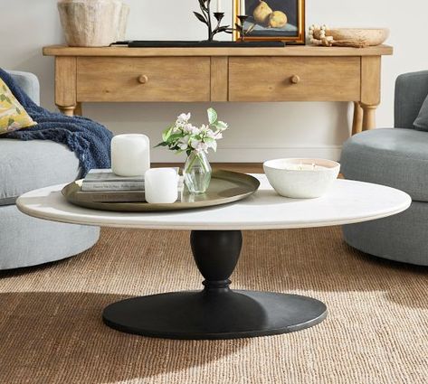 Occasional Tables & Case Goods | Pottery Barn Oval Marble Coffee Table, Coffee Table Pottery Barn, Marble Round Coffee Table, Oval Coffee Table, Round Wood Coffee Table, Sophisticated Decor, Reclaimed Wood Coffee Table, Oval Coffee Tables, Large Coffee Tables