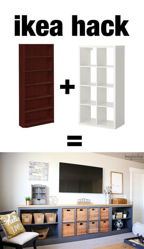 This iKea hack is awesome! She took a bookcase and an old IKEA EXPEDIT (now IKEA KALLAX) and made this long storage unit/tv console.  I think we could do this! #ikeaideas #ikeahack #furniture #organization Cape Room Ideas, Ikea Bag Holder Hacks, Under Projector Screen Storage, Ikea Hacks Ideas, Billy Ikea, Hacks Ikea, Ikea Expedit, Diy Farmhouse Table, Decor Ikea