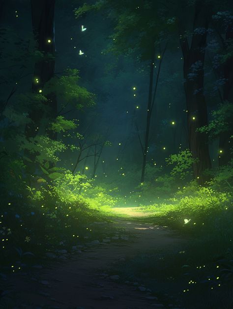 Fantasy Forest Aesthetic Art, Magical Background Landscape, Forest Scene Painting, Forest At Night Art, Digital Forest Art, Enchanted Forest Concept Art, Forest Magic Aesthetic, Night Forest Photography, Fantasy Forest Illustration