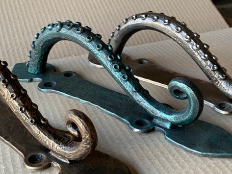 Wrought Iron Octopus Door Handle. Kraken Door Pull. Barn Door - Etsy Nautical Door Handles, Kraken Themed Bathroom, Door Handles Uk, Octopus Door Handle, Kraken Decor, Kraken Bathroom, Unique Door Handles, Octopus Bathroom, Pickled Fish