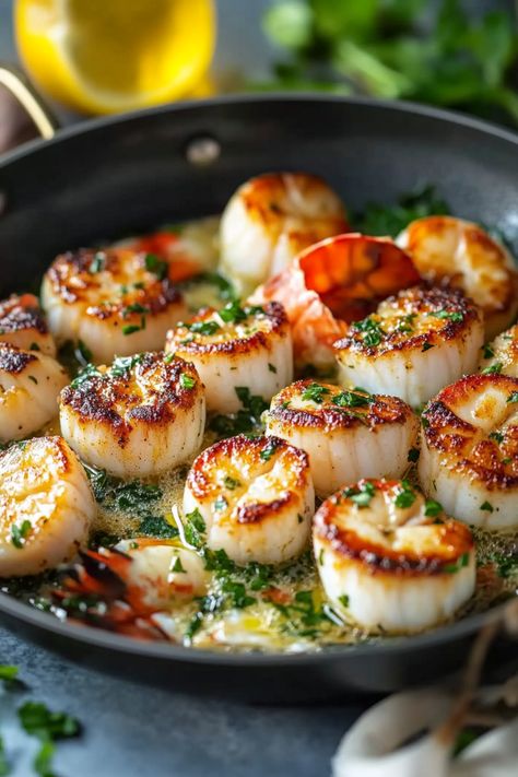 Garlic Butter Lobster and Scallops Garlic Butter Lobster And Scallops, Easter Seafood Dinner Ideas, Scallop And Shrimp Casserole, Healthy Fancy Recipes, Recipes With Oysters, Lobster And Scallops Recipes, Cooked Lobster Recipes, Steak And Scallops Recipes, Scallops And Shrimp Recipe