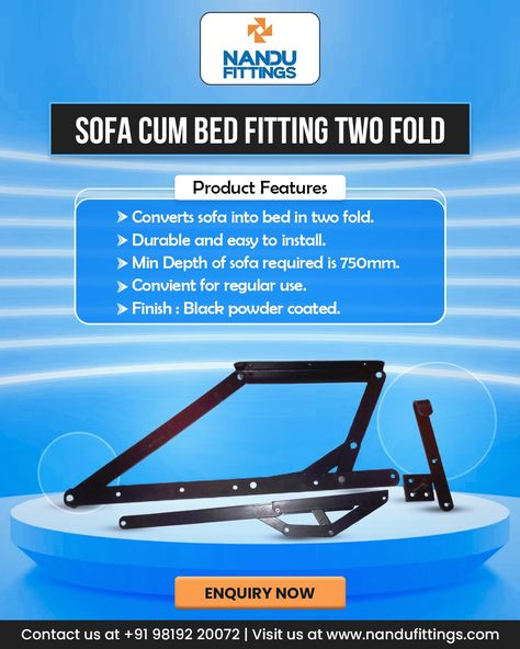 Transform Your Living Space with Sofa Cum Bed Fitting Two Fold!🛋 Upgrade your home with our space-saving sofa cum bed mechanism! Here's why you'll love it: -Made from high-grade raw materials for durability 🌟 -Effortlessly switch between sofa and bed🛠 -Built to last and simple to set up🔧 -750mm, ideal for small spaces🛋 -Sleek and stylish design 🎨 Contact us today at +91 98192 20072 or visit www.nandufittings.com to explore more. Bed Fitting, Best Sofa Bed, Sofa Bed Mechanism, Durable Sofa, Bed Mechanism, Sofa Cum Bed, Bed Hardware, Sofa And Bed, Sofa Sets