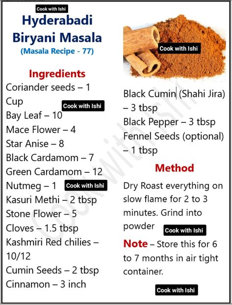 Biryani Masala, Masala Powder Recipe, Spice Blends Recipes, Homemade Sauce Recipes, Masala Spice, Spice Mix Recipes, Tastemade Recipes, Indian Cooking Recipes, Vegetarian Snacks Recipes