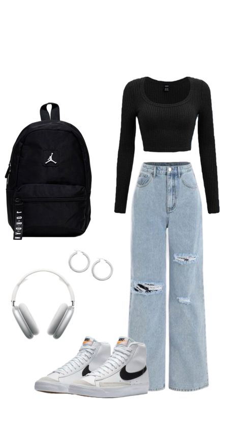 Cute back to school and college outfit #myfirstshuffle #outfit #ootd #outfits #basics #basicoutfit #blackoutfit #outfitideas #inspo #outfitinspo #outfitinspiration What To Wear To School 7th Grade, School Outfits Basic, Basic College Outfits, Basic School Outfits, College Campus Outfit, Outfit Inspo Collage, Basic Outfits For School, Collage Fits, Teenager Outfits For School