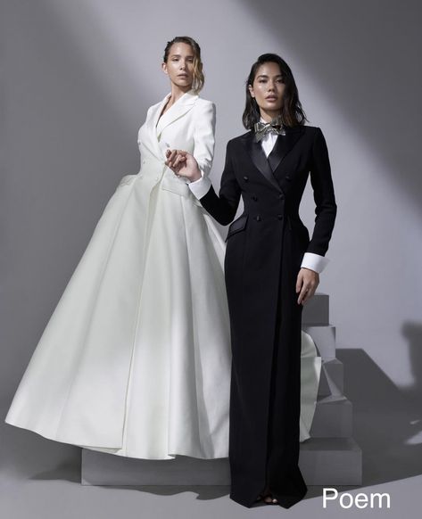 Matching Ball Gown And Suit, Tuxedo Gown Women, Tuxedo Wedding Dress, Matching Dress And Suit, Tuxedo Dress Wedding, Nonbinary Prom Outfit, Prom Suit And Dress, Tuxedo Women Suits, Tuxedo Gown