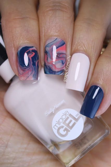 Blue and Coral Drip Marble Mani Coral Marble Nails, Blue And Coral Nails, Coral And Blue Nails, Colorful Marble Nails, Flower Nail Art Designs, Marble Manicure, Marble Nail Designs, Galaxy Nails, Flower Nail