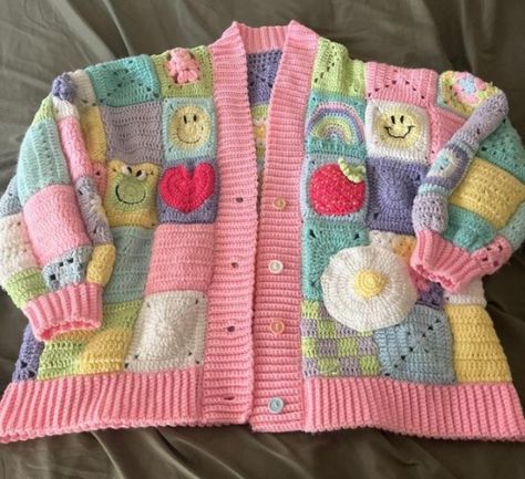 Crochet Cardigan Cute, Silly Sweaters, Pink Crochet Cardigan, Star Creature, Pastel Crochet Cardigan, Crochet Clothes Aesthetic Cardigan, Kawaii Crochet Cardigan, Cottagecore Crochet Sweaters & Cardigans, Crochet Patchwork Cardigan Aesthetic