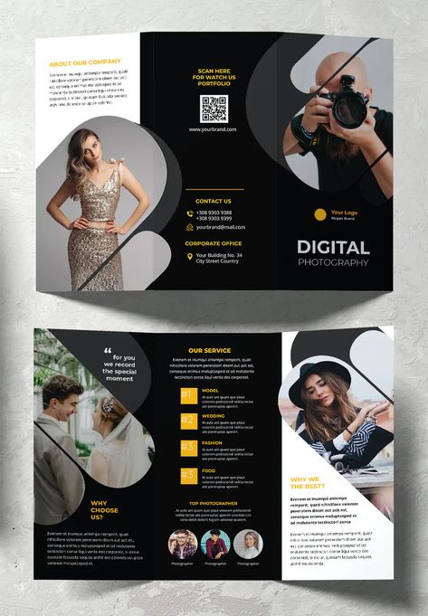 Digital Photography Studio Trifold Brochure Template INDD Photography Brochure Design, Brochure Photography, Digital Brochure, Lawyer Website Design, Elegant Brochures, Leaflet Template, Photo Studio Design, Photography Brochure, Brochure Design Creative