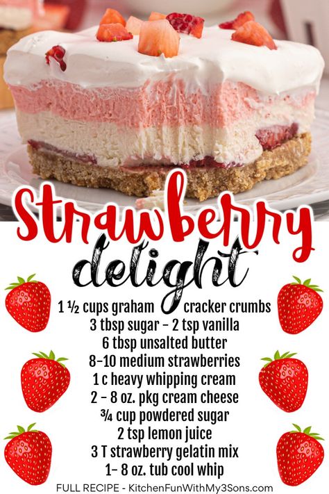 Strawberry Dream Whip Dessert, Strawberry Delight Dessert, Strawberry Delight Recipe, Delight Dessert Recipe, Cool Whip Topping, Strawberries Cheesecake, Pineapple Dream Dessert, Delight Dessert, Cool Whip Desserts