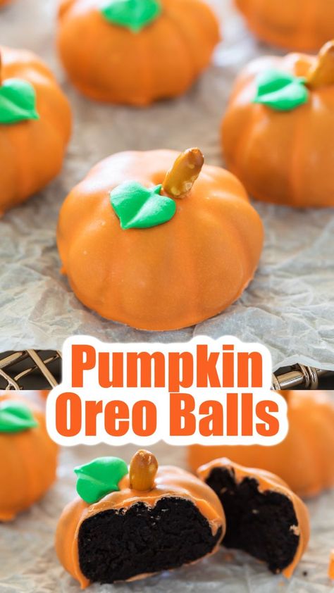 Orange pumpkin shaped oreo ball truffles with a pretzel stem and green leaf icing decoration. Halloween Dessert Table, Thanksgiving Desserts Table, Thanksgiving Snacks, Kreative Snacks, Fall Baking Recipes, Oreo Balls, Easy Halloween Food, Halloween Food Treats, Fun Halloween Food