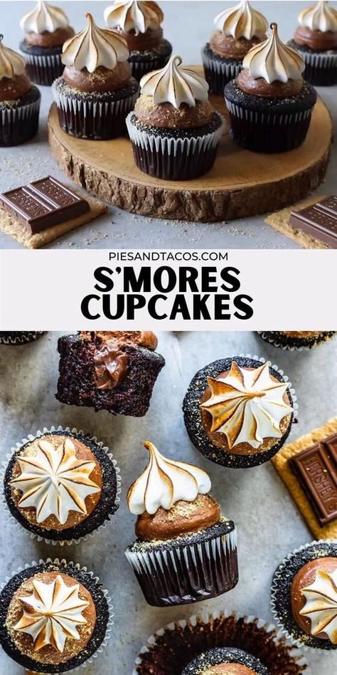 Marshmallow Dessert, S Mores Cupcakes, Chocolate Cupcakes Filled, Delicious Cupcakes Recipes, Cupcakes Filled, Smores Cupcakes, Milk Chocolate Ganache, Marshmallow Frosting, Torte Cupcake