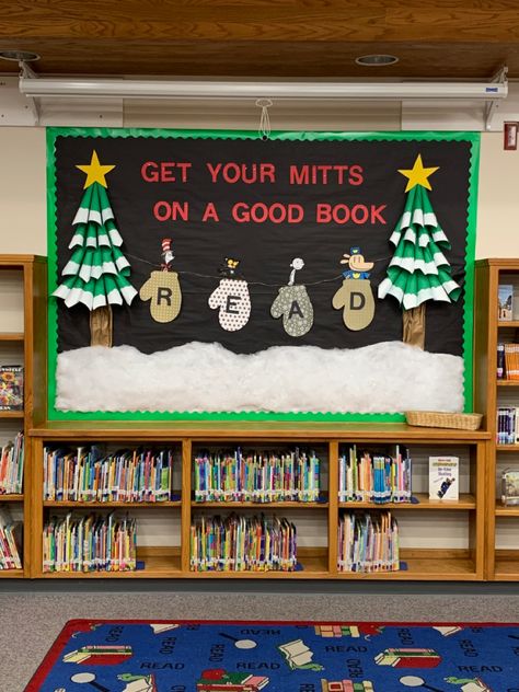 Get Wrapped Up In A Good Book Bulletin Board, Winter Themed Library Bulletin Boards, Christmas Book Themed Door Decorations, Christmas Display Library, Winter Bulletin Boards For Elementary Library, Gingerbread Library Bulletin Board, December Library Bulletin Board Ideas, Library Holiday Bulletin Boards, Winter Bulletin Board Ideas For Library