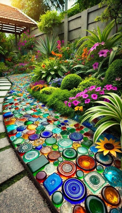 Rock Patio Ideas, Farmhouse Landscaping Ideas, Mosaic Walkway, Hippie Garden, Mosaic Garden Art, Farmhouse Landscaping, Garden Walkway, Garden Decor Projects, Diy Backyard Landscaping