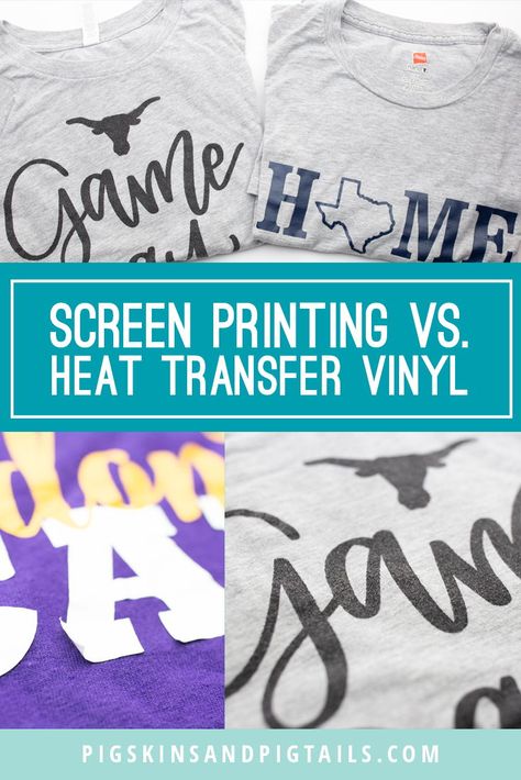 What's the difference between screen printing shirts and heat transfer vinyl (HTV)? Here's a comparison of the 2 DIY shirt making methods. #tshirt #diy Upcycling, Diy Shirt Printing, Screen Printing Tutorial, Vinyl Craft Projects, Silouette Cameo, Tshirt Printing Business, Screen Printing Press, Do It Yourself Home Decor, Diy Screen