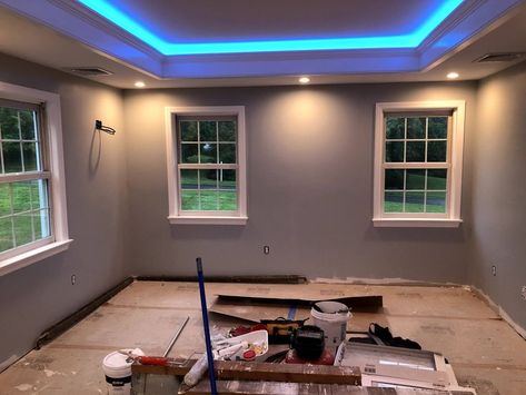 Lights In Crown Molding, Tray Ceiling Led Lighting, Crown Molding Led Lighting, Crown Molding With Led Lights, Tube Lighting Ideas Ceilings, Lights In Bedroom Ceiling, Tray Ceiling Lighting Ideas, Tray Ceiling Lighting, Crown Molding Lights