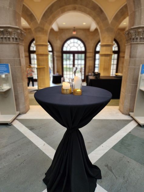 Black Tablecloth Wedding, Black Cocktail Table, Museum Party, Wedding Cocktail Tables, Connect Group, Hello 40, Black And White Wedding Theme, Black Tablecloth, Bbq Ideas